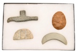 4 Archaic-Indian Stone Artifacts Including Effigy Pipe In Shadow Box