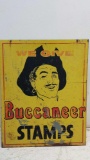 Vintage Double Sided Metal Buccaneer Stamps Sign