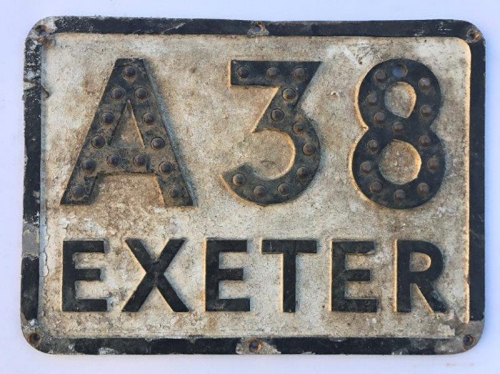 A small aluminium road sign: A38 Exeter, with integral reflectors, 13 x 9 1