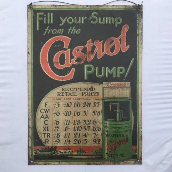 A Castrol Motor Oil tin price chart with image of a Castrol cabinet and mot