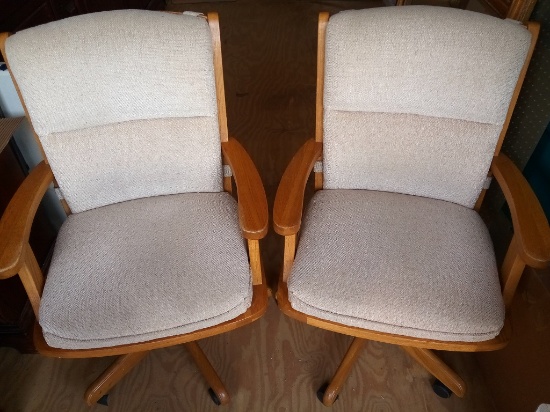 Pair of Wood Office Chairs on Casters w/Cream Coushioned Upholstery