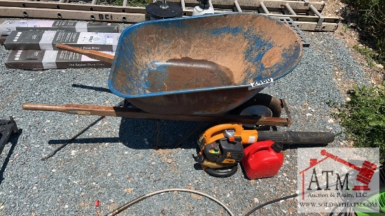 Wheelbarrow, Gas Blower, Gas Can