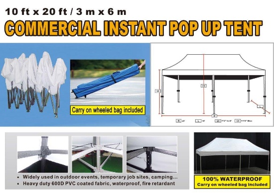 UNUSED Commercial Instant 10 Ft x 20 Ft Pop Up Tent