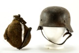 WWII German Helmet and Canteen