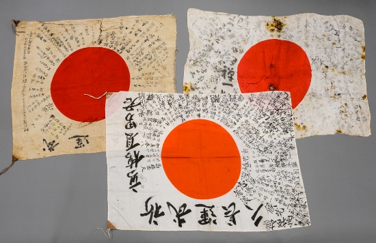 Three WWII Japanese Good Luck Flags: Yosegaki
