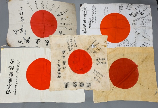 Five WWII Japanese Good Luck Flags: Yosegaki