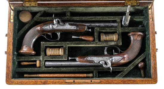 Cased Pair of French Percussion Dueling Pistols