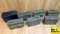 Military Issue 30 Cal./50 Cal Ammo Cans. Good Condition. Six 30 Cal. Ammo Cans and One 50 Cal. Green