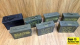 Military Issue 30 Cal./50 Cal Ammo Cans. Good Condition. Six 30 Cal. Ammo Cans and One 50 Cal. Green