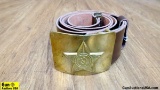 RUSSIAN MILITARY Belt. Excellent Condition. 2 Inch Wide Leather Belt with Brass Buckle, STAR Hammer