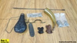 Accessories. Good Condition. Lot of 9: Power Horn, Black Powder Flask, Black Polymer Butt Plate, Pol