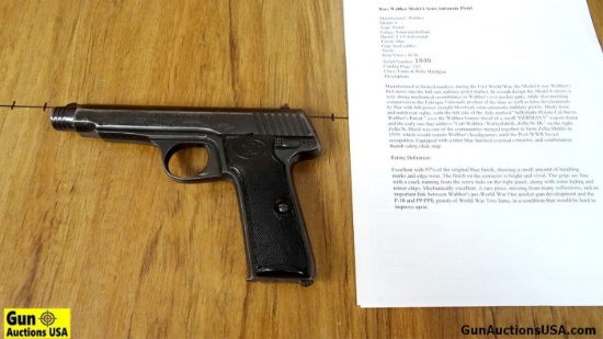 CARL WALTHER 6 9MM EARLY WALTHER Pistol. Very Good. 4.75" Barrel. Shiny Bore, Tight Action Manufactu