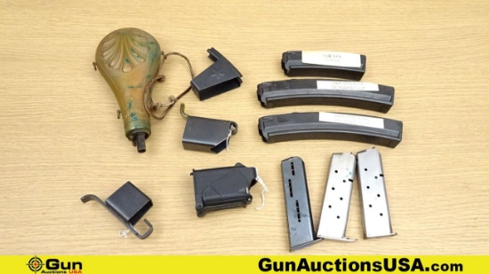 Military Surplus 9 mm & 45 ACP. Magazines, Powder Flask, Etc.. Lot of 11; 3-H&K MP5 9 mm Mags, 3-Col