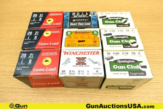 REM, FED, WIN Super-X, Etc. 20 Ga. Ammo. 225 Total Rounds of 20 ga. 2 3/4" in Assorted Shot Types..
