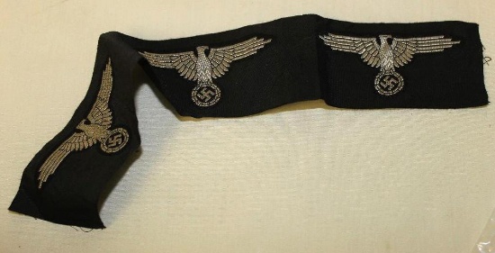 ORIGINAL German WWII SS Bevo Eagle Sleeve Insignia Patches. 3 Uncut Pieces. Silver Bevo On Black