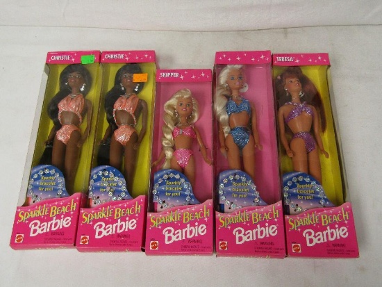 Barbie Dolls. 5 Pc Lot. 1995 Sparkle Beach. 3-New Christie, Christie, Skipper, 2-Open Barbie, Teresa