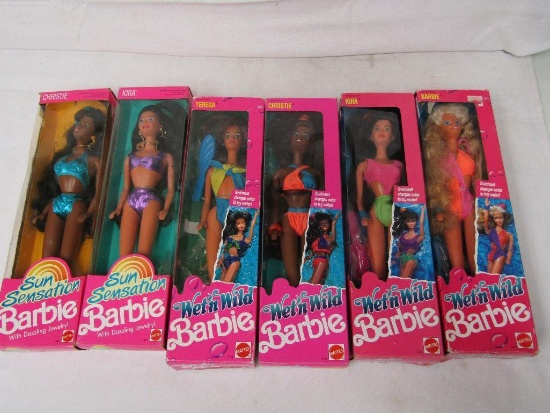Barbie Dolls. 6 Pc Lot. 4-1989 Wet'nWild Barbie Kira Christie Teresa 2-Sun Sensation Kira Christie.