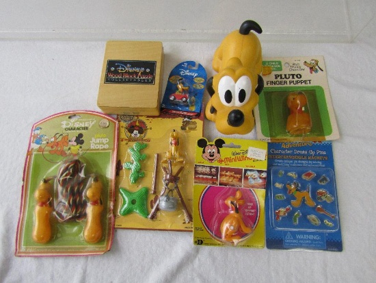 Disney's Pluto Collectibles. 8 Pc Variety Lot. Pull Toy, Finger Puppet, Mini WindUp, Puzzle & More.