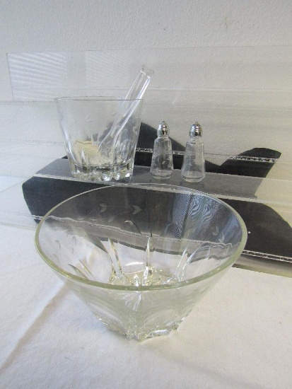 Vintage Princess House Heritage Crystal. 3 Pc Lot. Salad Bowl #489, Ice Bowl/Tongs #488, S/P Shakers