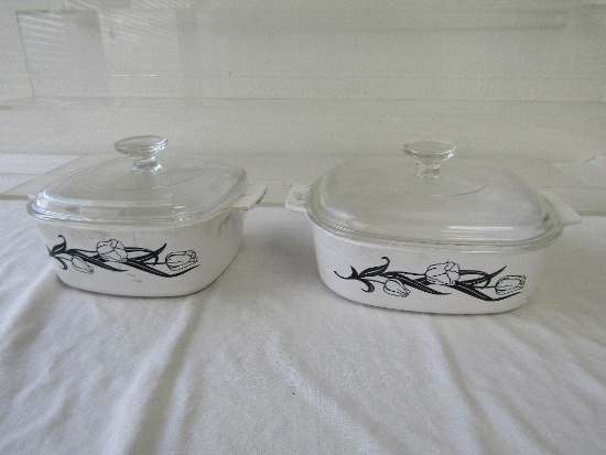 Corning Ware Lyric Black Tulip 1.5 Liter & 2 Liter Casserole Baking Dishes With Lids. Pre-Owned.