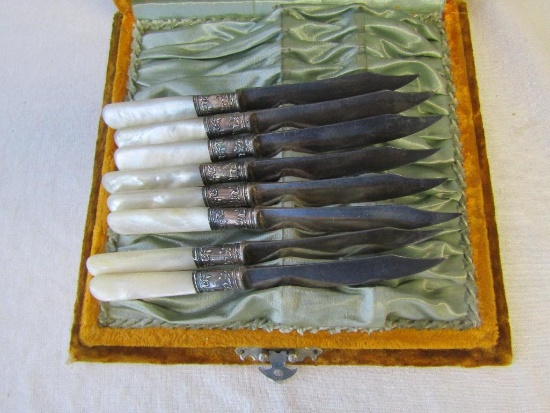 Landers Frary & Clark Knives. 8 Sterling Silver/Mother Of Pear 6" Fruit Knives In Case.