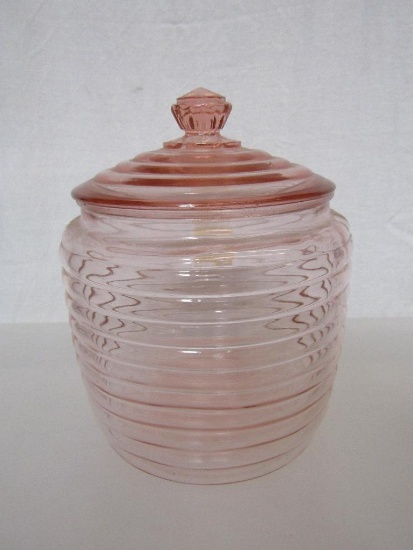 Vintage Anchor Hocking Pink Manhattan Jar With Lid. Approx 7.5" High.