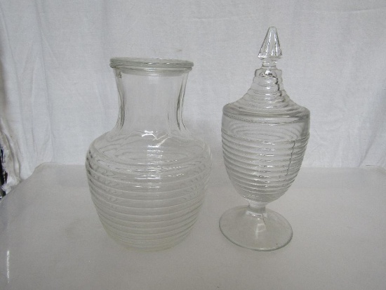 Vintage Anchor Hocking Manhattan Clear Glass Juice Carafe w/Lid and Candy Jar w/Lid.
