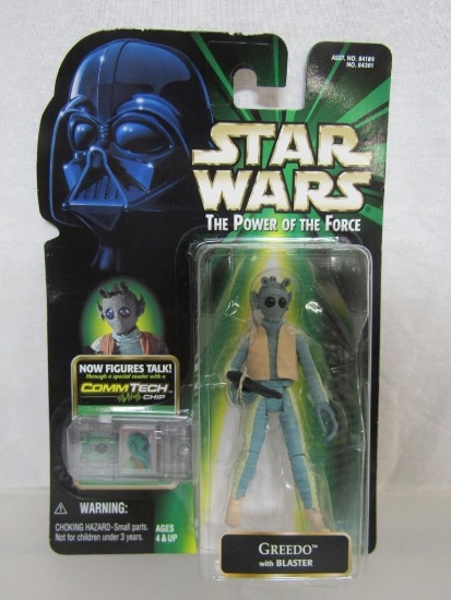 1999 Star Wars Power Of The Force Hasbro Action Figure. Comm Tech Chip. Greedo. New On Card.