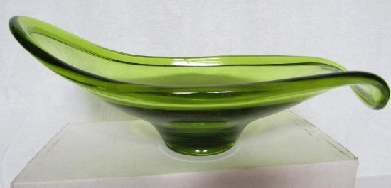 Vintage Carnival Glass Green Vaseline Glass Oval Bowl/Gravy Boat. 3.5"H x 10" x 5.5".