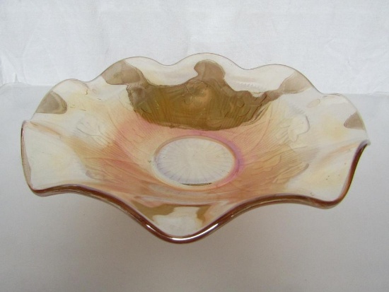 Vintage Carnival Glass Jeannette Marigold Iris Herringbone Ruffle Rim Serving Bowl. 3.5"H x 12".