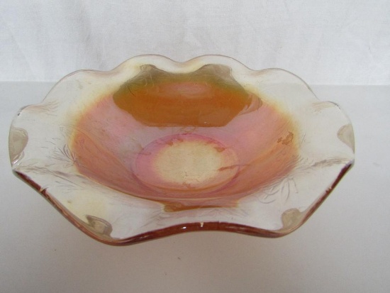 Vintage Carnival Glass Marigold Ruffle Rim Service Bowl. Leaf/Vine/Floral Pattern. 2.5"H x 9.5".