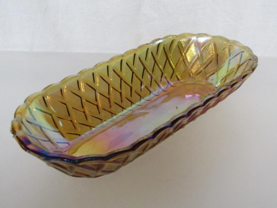 Vintage Carnival Glass Amber Iridescent Oval Bowl. 2"H x 5" x 10".