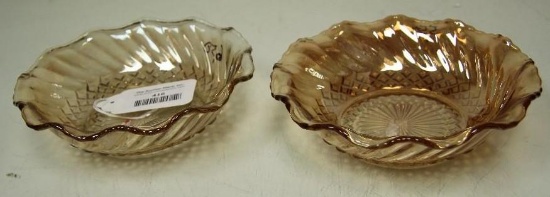 Vintage Carnival Glass Amber Scalloped Swirl Bowls. Set of 2. 2"H x 6.5".