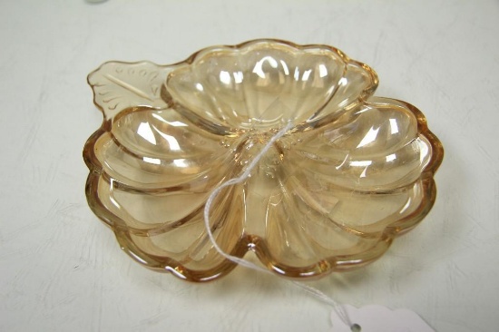 Vintage Carnival Glass Jeannette Marigold Doric Clover Leaf 3-Sectioned Bowl. 1"H x 6" x 7".