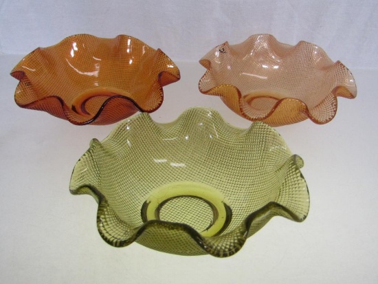 Vintage Carnival Glass Ruffled Rim Bowls. Set of 3. Different Colors. Amber, Gold, Green. 6"x2"H.