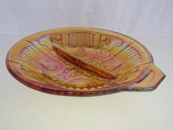 Vintage Indiana Carnival Glass Killarney Amber Rainbow Iridescent Divided Pickle/Relish Dish.