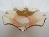 Vintage Carnival Glass Jeannette Marigold Iris Herringbone Ruffle Rim Serving Bowl. 3.5