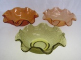 Vintage Carnival Glass Ruffled Rim Bowls. Set of 3. Different Colors. Amber, Gold, Green. 6
