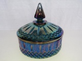Vintage Carnival Glass Blue Rainbow Iridescent Windsor Style Covered Candy Dish. Approx 6