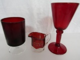 Vintage Ruby Red Glassware. 3 Assorted Pieces. Wine Glass France, Goblet, Souvenir Creamer.