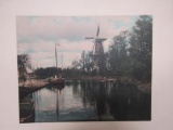 Vintage Art Print. Wind Mill Pond Scene. Approx 14.5