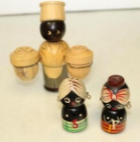 Black Americana Wooden Salt/Pepper Shakers. 2 Sets. Cheff and Tribal Figures.