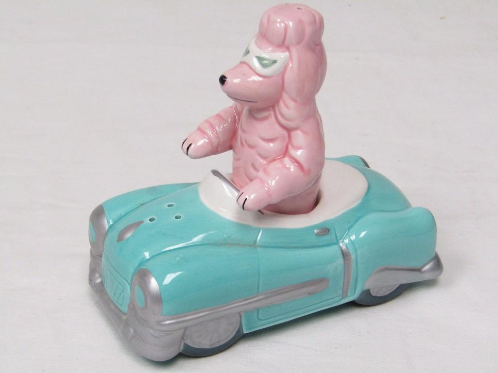 1995 Pelzman Designs Pink Poodle Driving Green Car Salt Pepper 1995 Pelzman Designs Pink Poodle