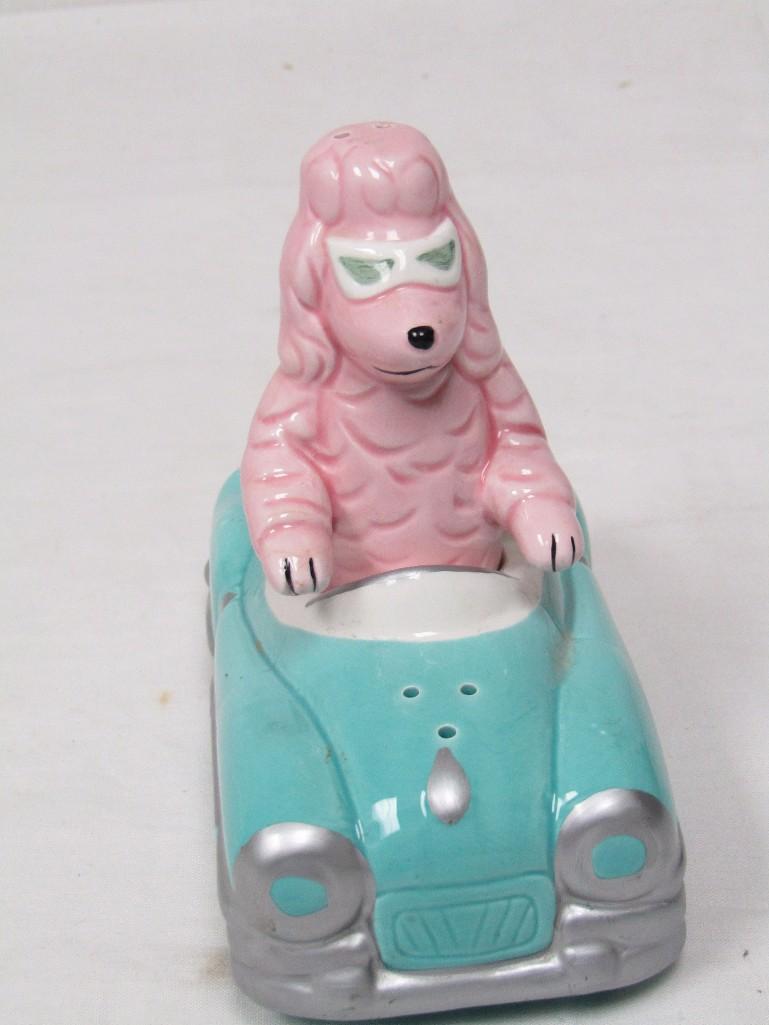 1995 Pelzman Designs Pink Poodle Driving Green Car Salt Pepper 1995 Pelzman Designs Pink Poodle