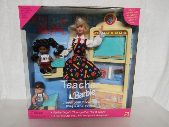 Barbie Doll Gift Set. 1998 Teacher Barbie w/Talk and Classroom Sounds. New In Box.