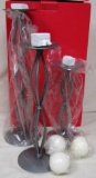 Macy's Set of 3 Silver Finish Wrought Iron Candleholders w/White Ball Candles. New In Box.