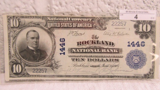 1905 $10.00 National Currency, Rockland Maine. New Mint Condition. No folds