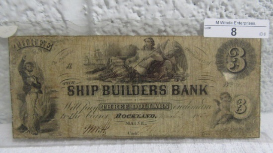 $3.00 Rockland Maine Ship Builders Bank 1854 RARE