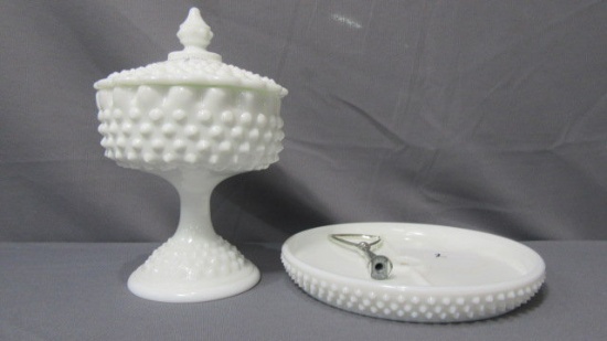 Fenton Milk GLass Hobnail -Ft'd candy & Handled relish