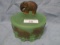 Vintage satin powder box w/ embossed elephants and elephant finial